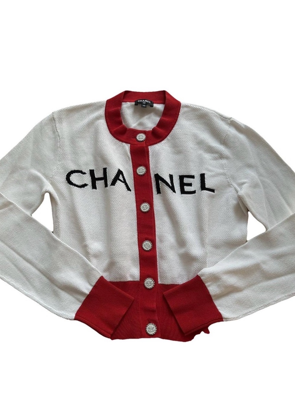 CHANEL White Knit Cardigan with Red Trim and Black Logo - Size 40